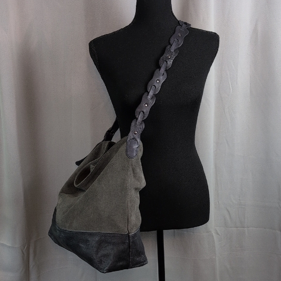 Free People Charcoal and Navy Shoulder Bag Boho Leather Western - Picture 2 of 16